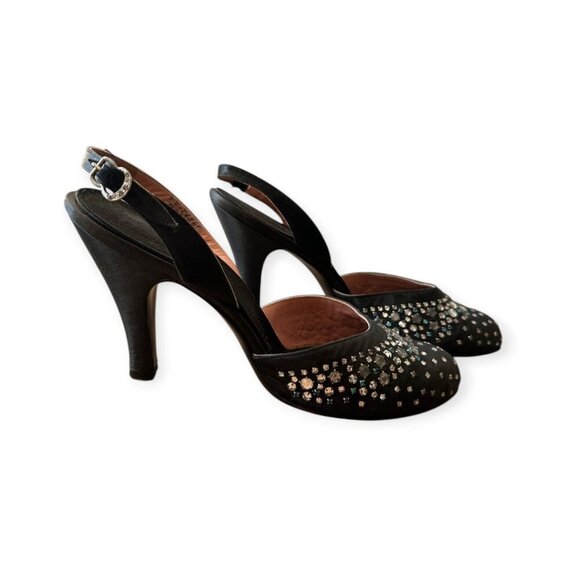 Vintage Saks-Fifth Avenue/Fenton Footwear Black Satin Beaded Slingback Pumps, 8A - Picture 5 of 15